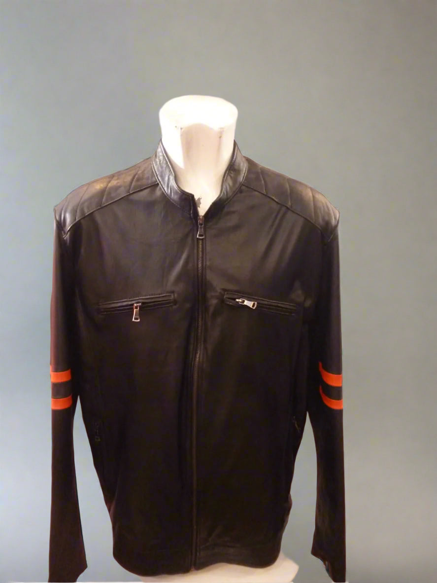 Orange Stripe Black Leather Jacket – Bold Design with Premium Leather